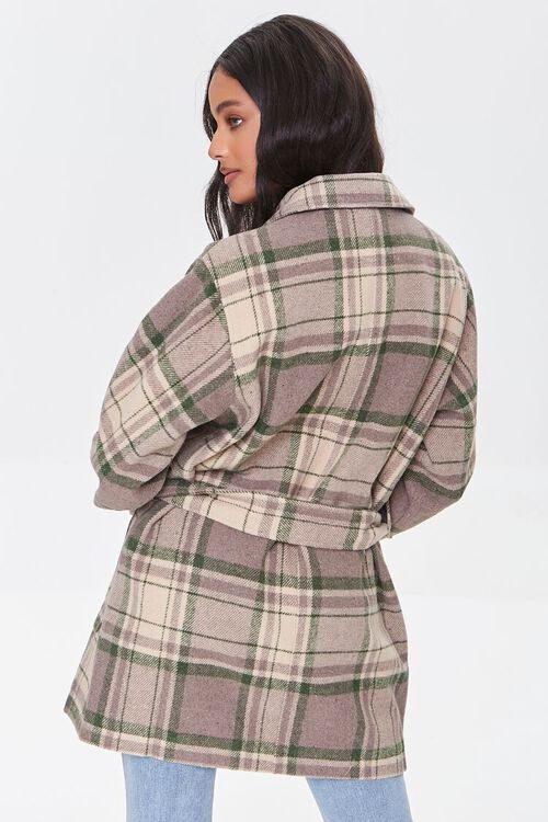 CREAM/OLIVE Belted Plaid Buttoned Coat, image 3