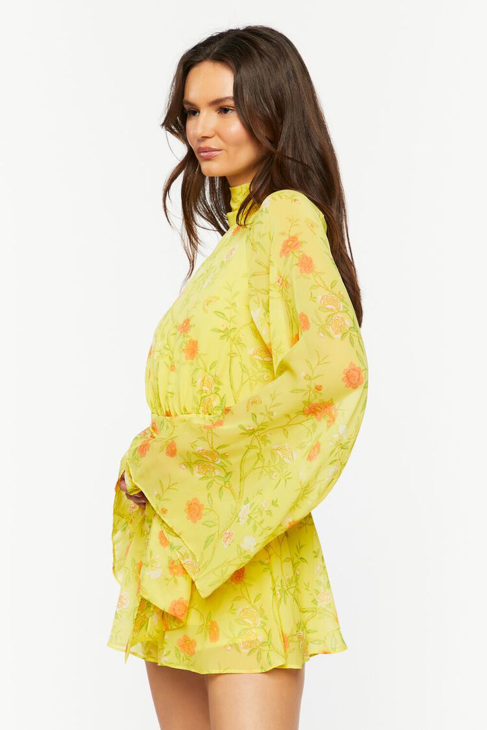 YELLOW/MULTI Floral Chiffon Bell-Sleeve Romper, image 2