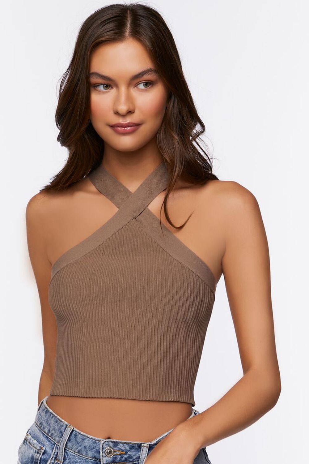 TAUPE Sweater-Knit Halter Crop Top, image 1