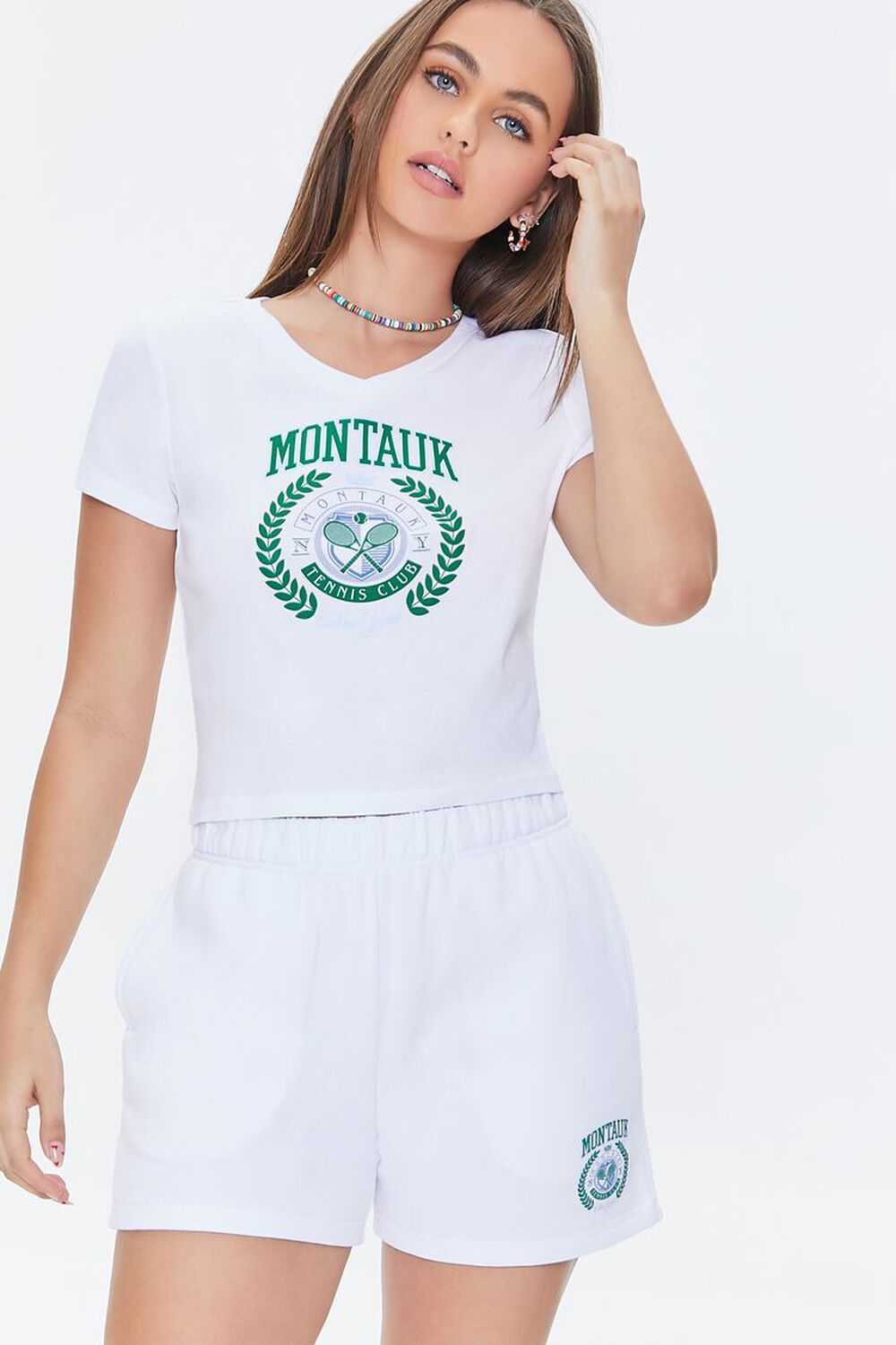 WHITE/GREEN Montauk Graphic Fleece Shorts, image 1