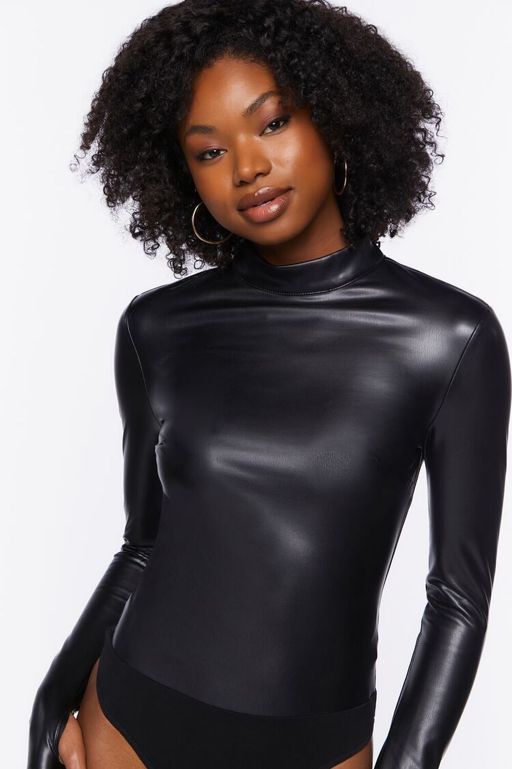 Long Sleeve Faux Leather Bodysuit in Black ($22) ❤ liked on Polyvore  featuring intimates, long-sleeve bodysuits, long sleeve …