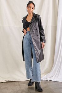 BLACK Faux Leather Double-Breasted Trench Coat, image 4