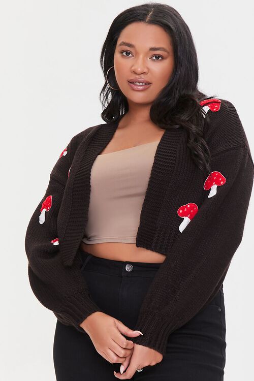 BLACK/MULTI Plus Size Mushroom Cardigan Sweater, image 1