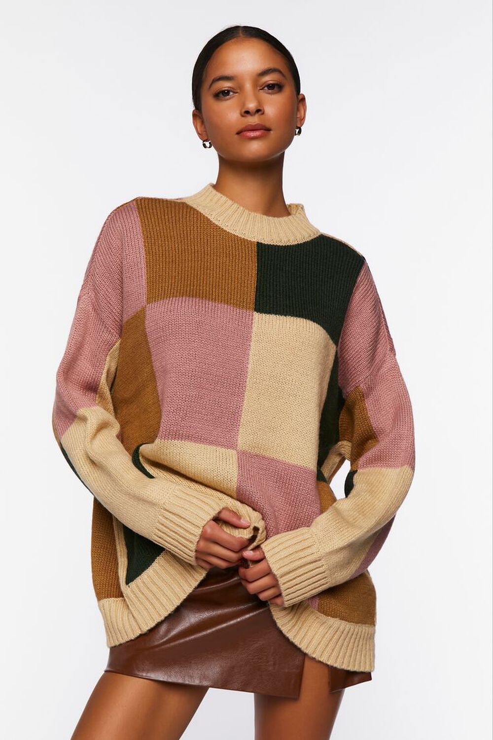 MOCHA/MULTI Colorblock Mock Neck Sweater, image 1