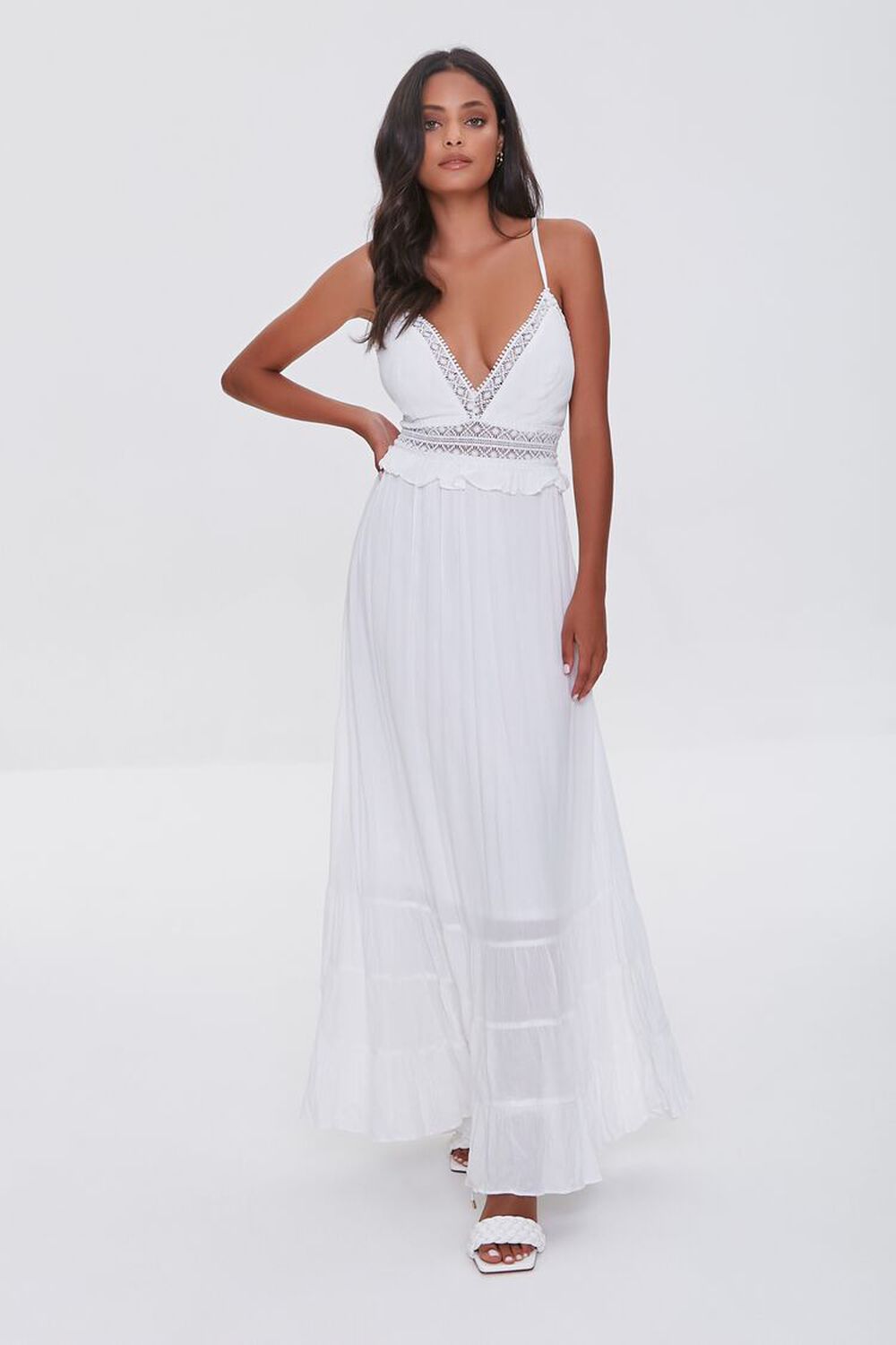 WHITE Crochet-Trim Lace-Up Maxi Dress, image 1