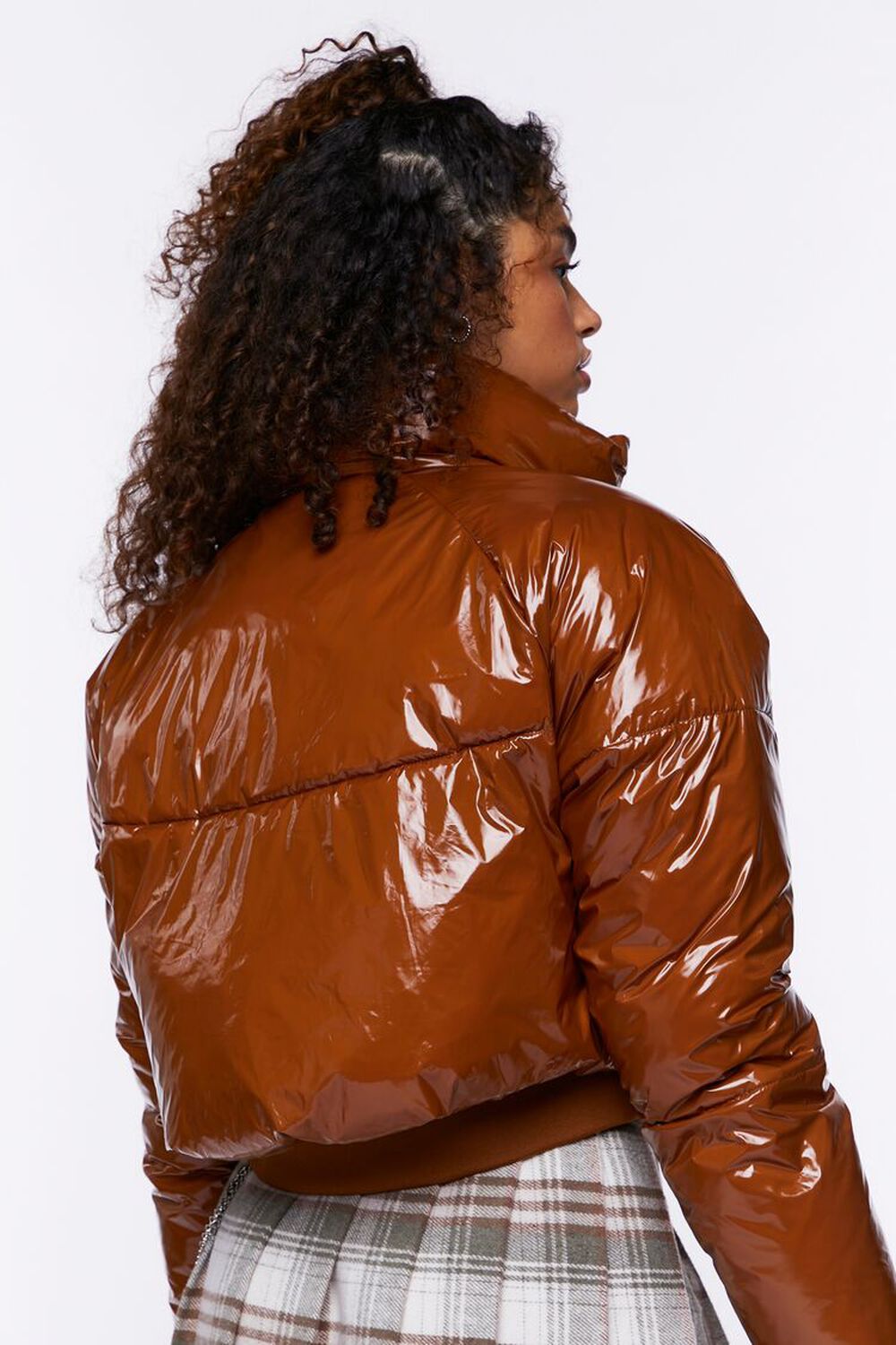 BROWN Faux Patent Leather Puffer Jacket, image 3