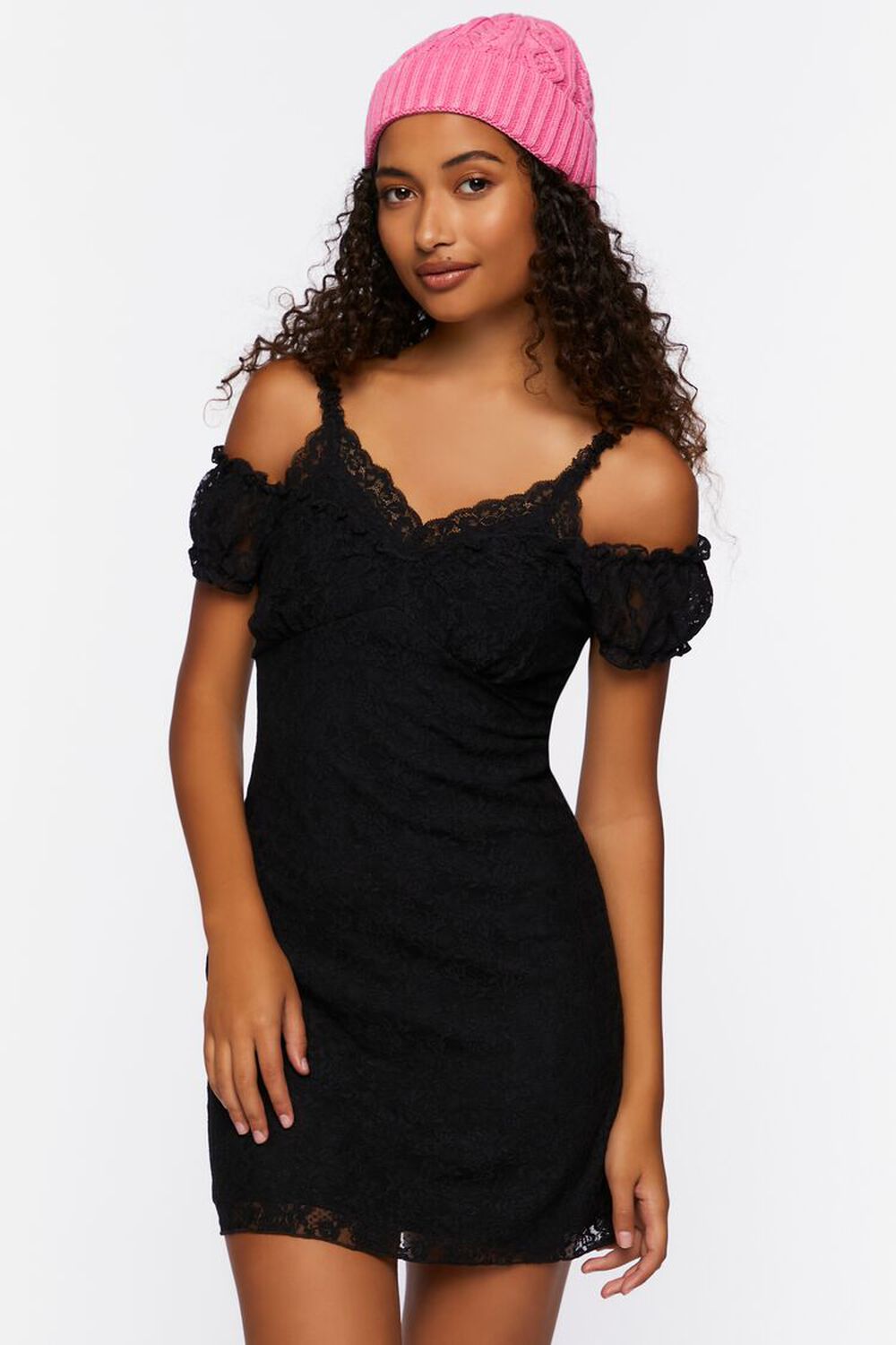 BLACK Lace Cami Cap-Sleeve Mini Dress, image 1