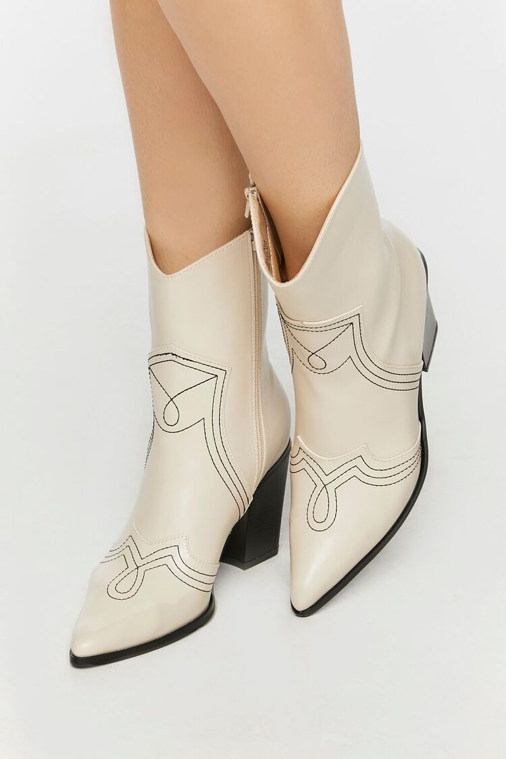 WHITE Faux Leather Contrast Cowboy Boots, image 1