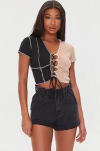 WALNUT/BLACK Reworked Lace-Up Crop Top, image 1