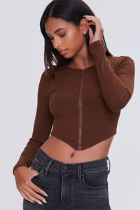CHOCOLATE Ribbed Knit Zip-Front Crop Top, image 1