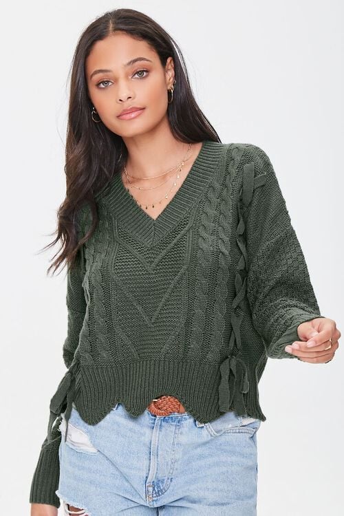OLIVE Cable Knit Bow Scalloped Sweater, image 1