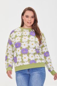 AVOCADO/MULTI Plus Size Textured Floral Sweater, image 1