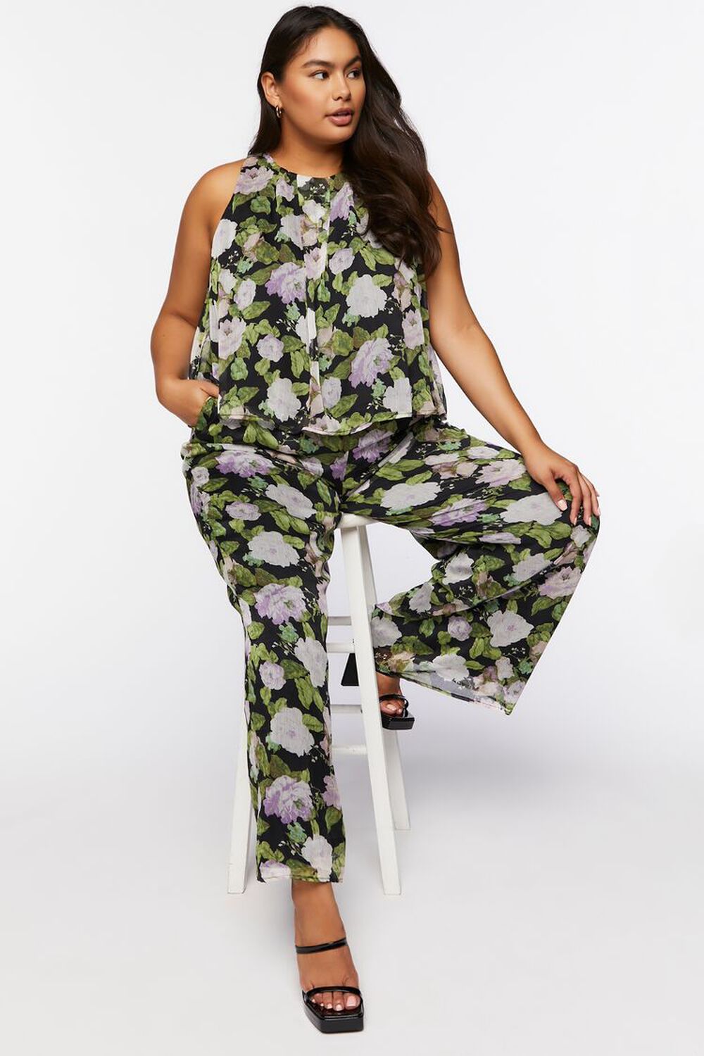 BLACK/MULTI Plus Size Floral Print Top & Pants Set, image 1