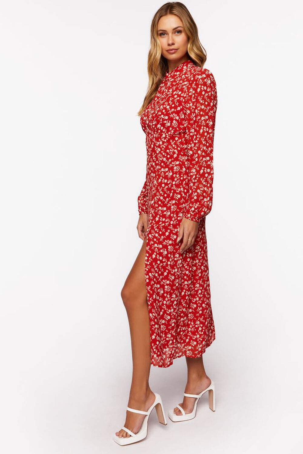RED/MULTI Ditsy Floral Print Open-Back Midi Dress, image 2