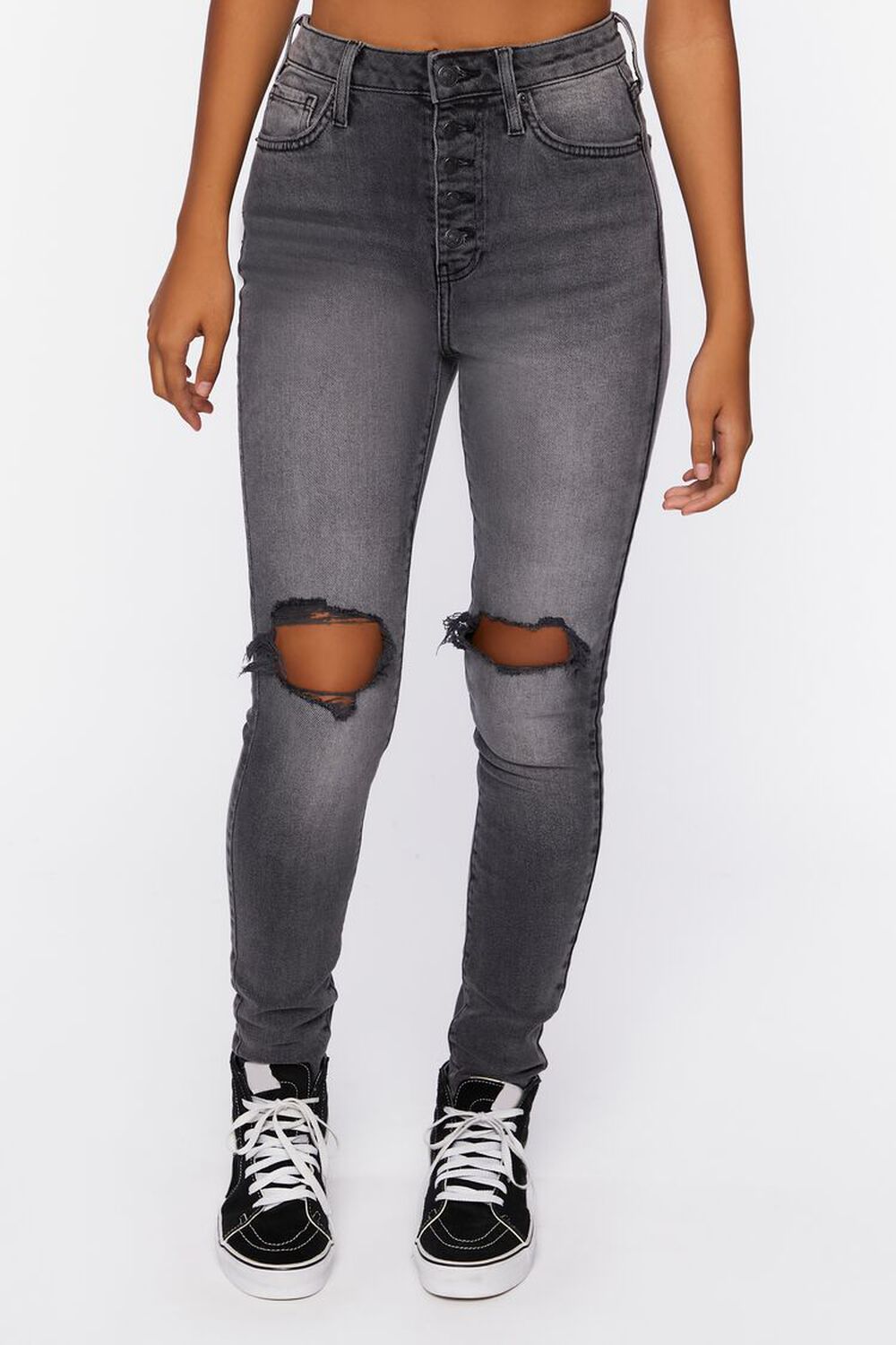 WASHED BLACK Recycled Cotton Distressed Skinny Jeans, image 1