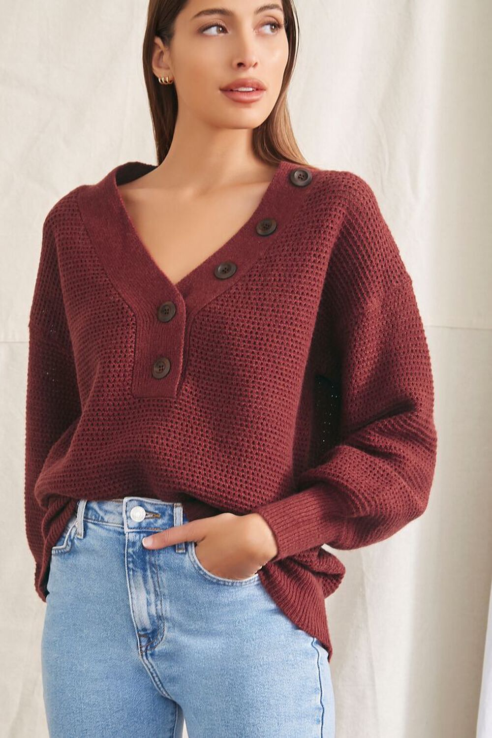 BURGUNDY Open-Knit Buttoned Sweater, image 1