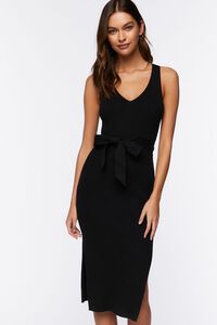 BLACK Belted Ribbed M-Slit Midi Dress, image 4