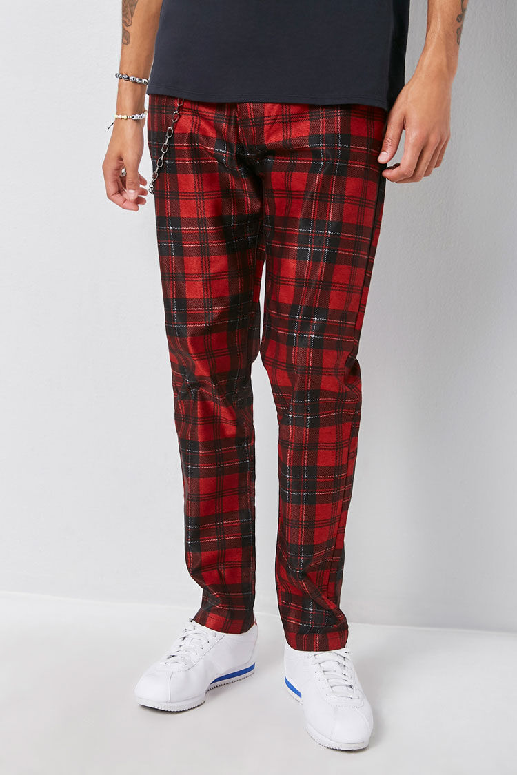 plaid pants with red stripe