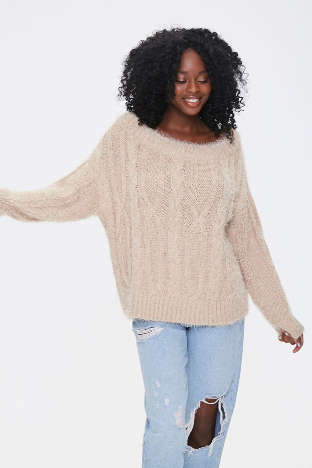 TAUPE Fuzzy Boat Neck Sweater, image 1