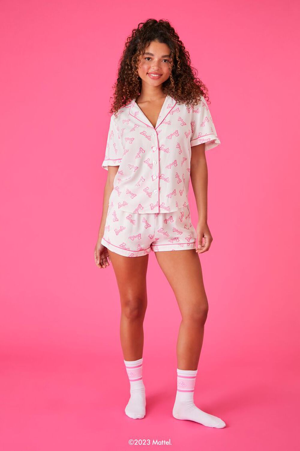 Barbie Ladies Pyjama Set, Womens Ribbed White Vest & Pink All Over Print  Elasticated Shorts