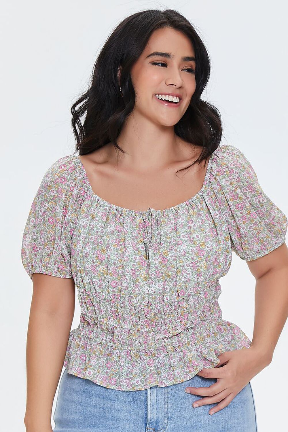 PINK/MULTI Plus Size Ditsy Floral Ruffled Top, image 1