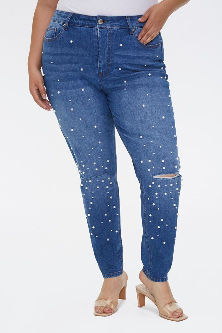 plus size jeans with pearls on them