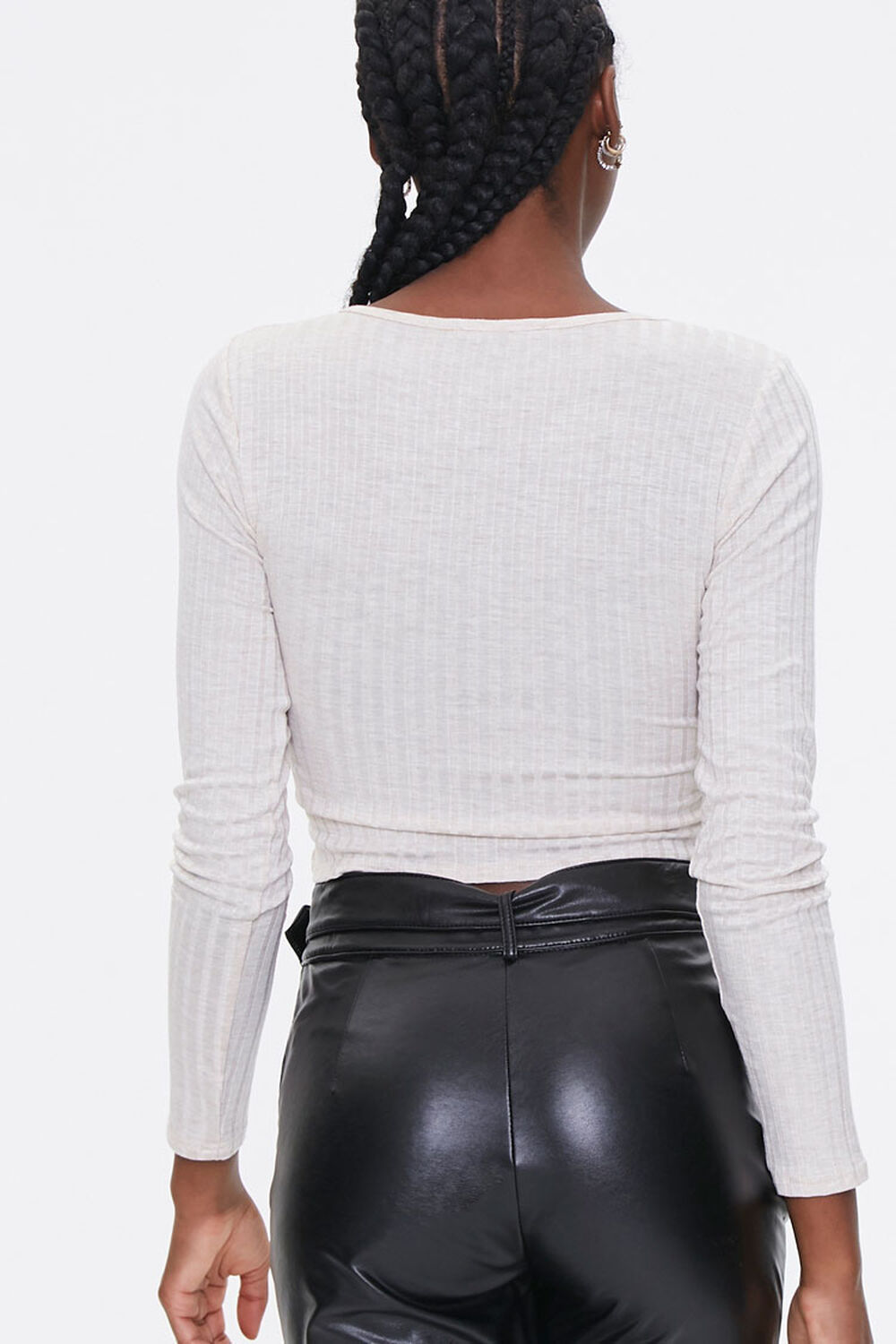 OATMEAL Ruched Rib-Knit Crop Top, image 3