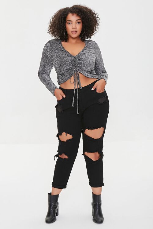 BLACK/SILVER Plus Size Ruched Drawstring Crop Top, image 4