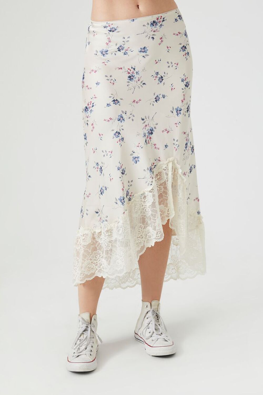 Summer Flowers Printed Cotton Midi Wrap Skirt in Ivory, Off-White