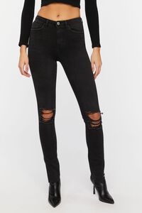 WASHED BLACK Distressed-Knee High-Rise Skinny Jeans, image 1