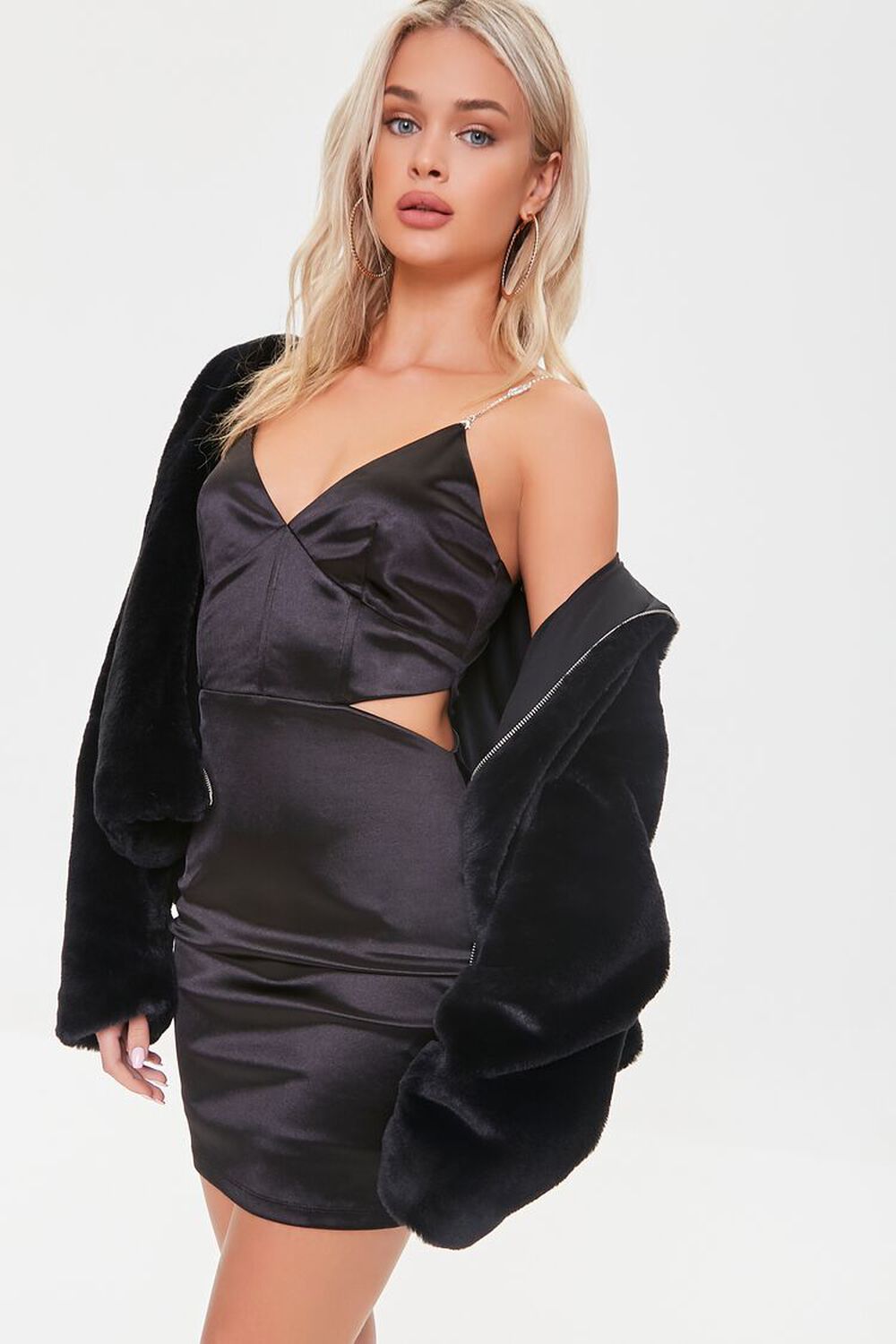 BLACK Satin Rhinestone Cami Mini Dress, image 1
