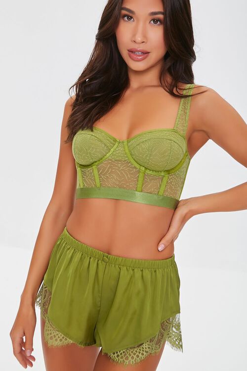 GREEN Floral Lace Satin Lingerie Shorts, image 1