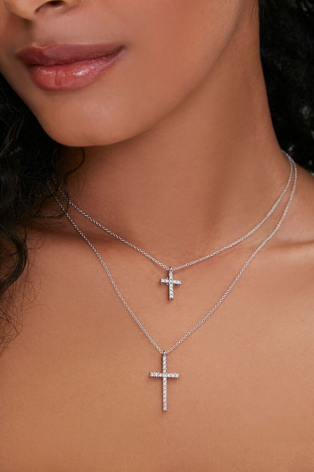 SILVER Layered Cross Pendant Necklace, image 1