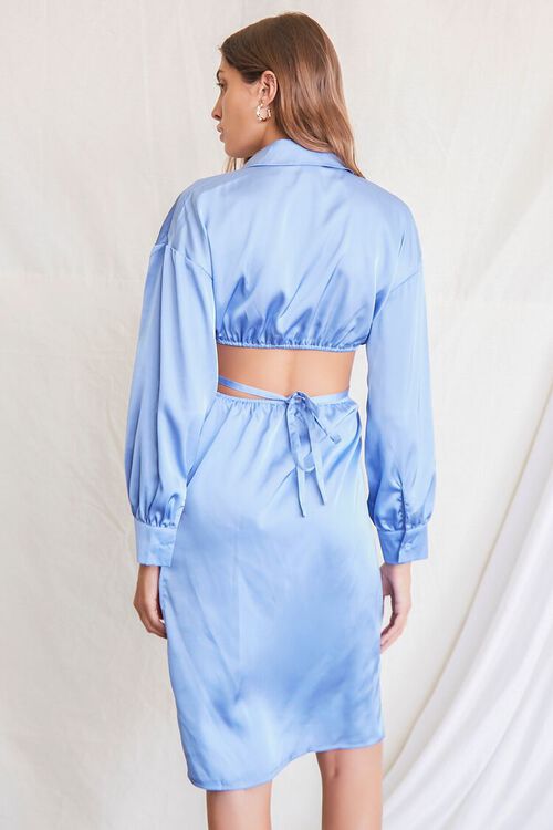 BLUE Satin Cutout Shirt Dress, image 3