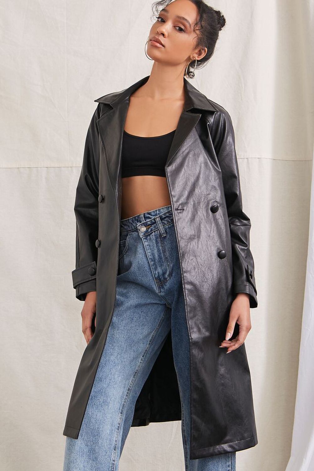Faux Leather Double-Breasted Trench Coat