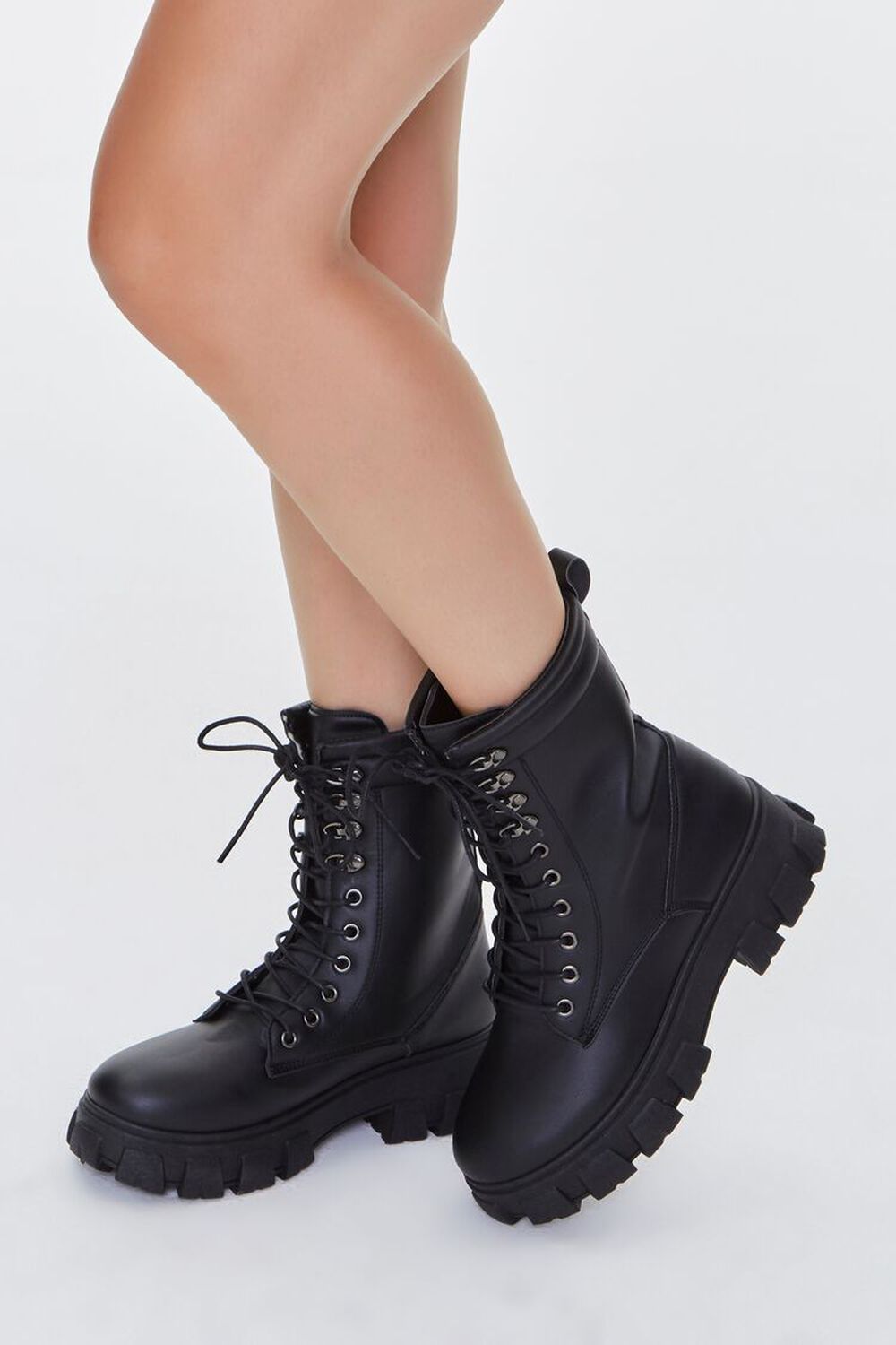BLACK Faux Leather Lace-Up Chunky Booties, image 1