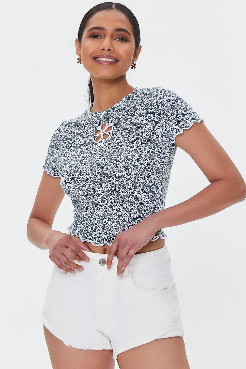 PATINA/WHITE Floral Print Cutout Cropped Tee, image 1