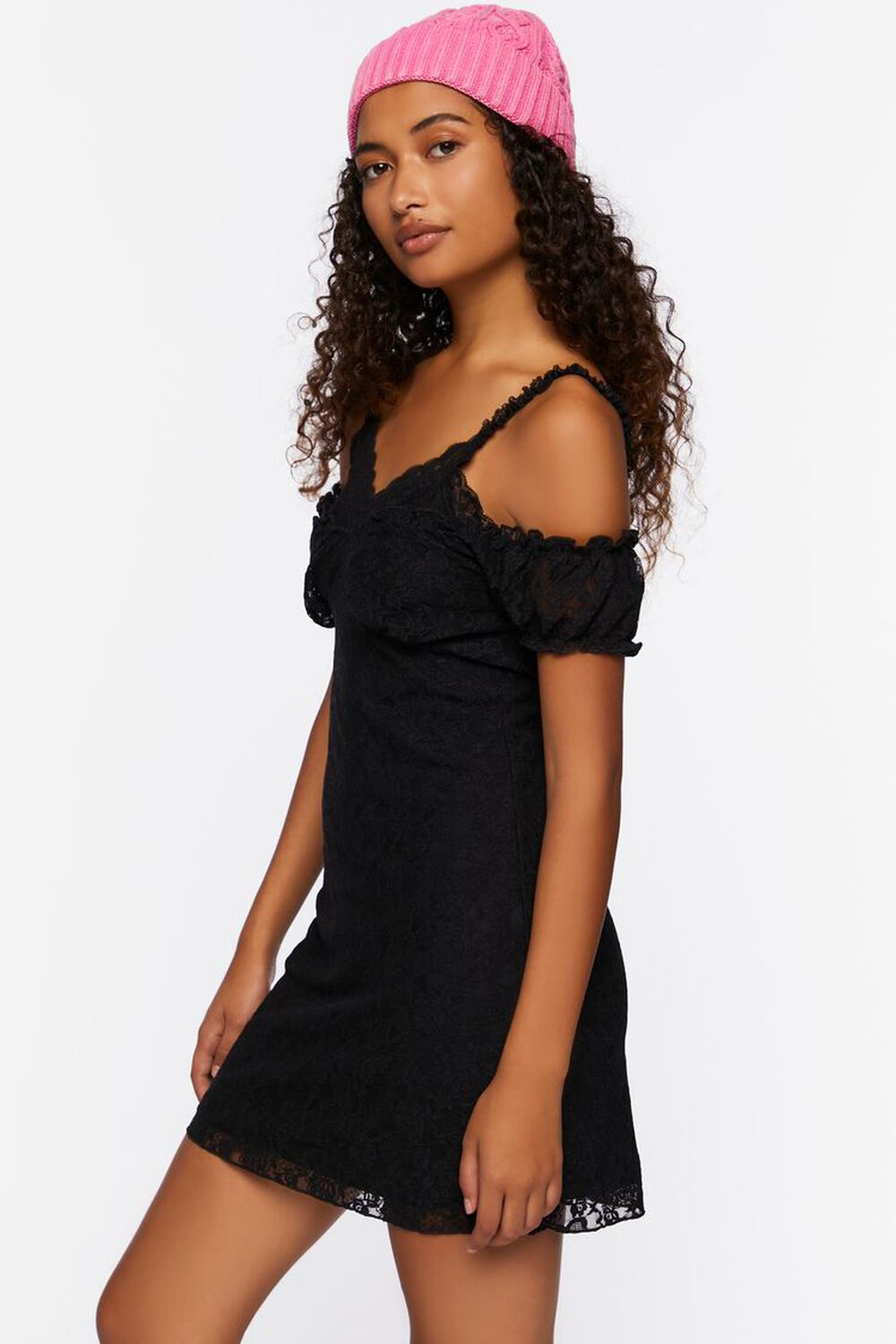 BLACK Lace Cami Cap-Sleeve Mini Dress, image 2