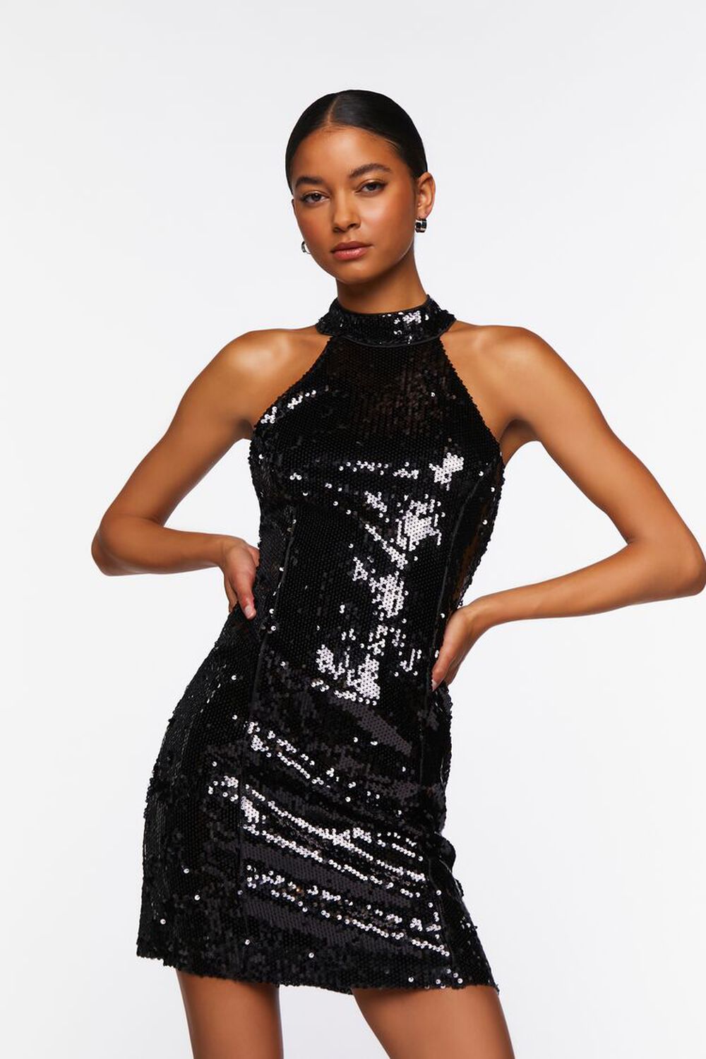 BLACK Sequin Halter Mini Dress, image 1