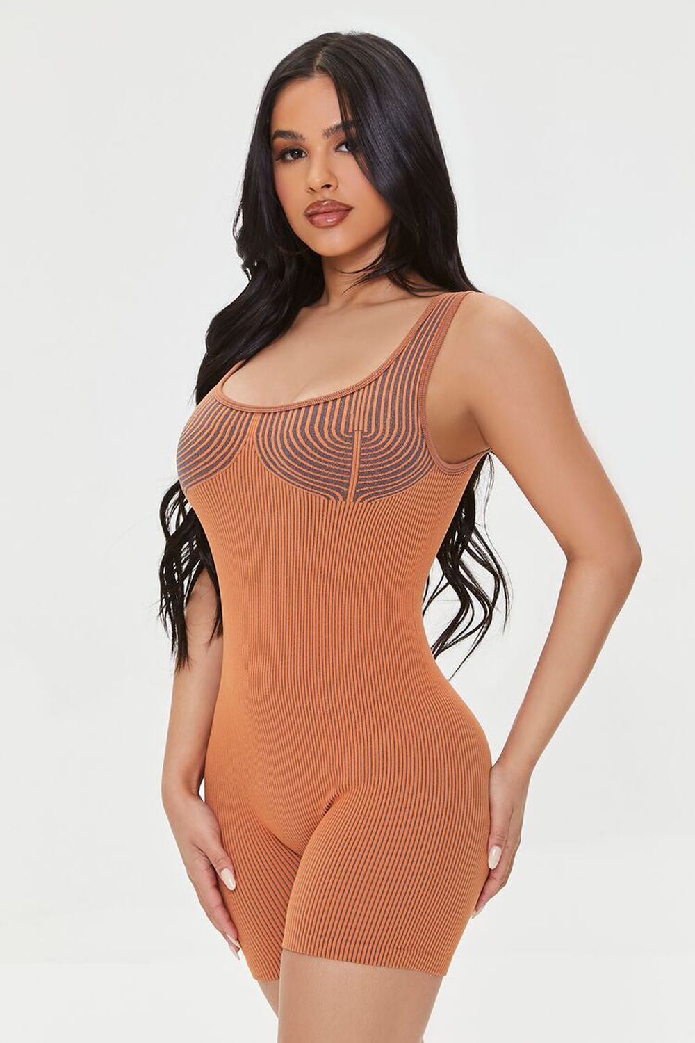 TAN/BROWN Seamless Contrast-Striped Romper, image 1