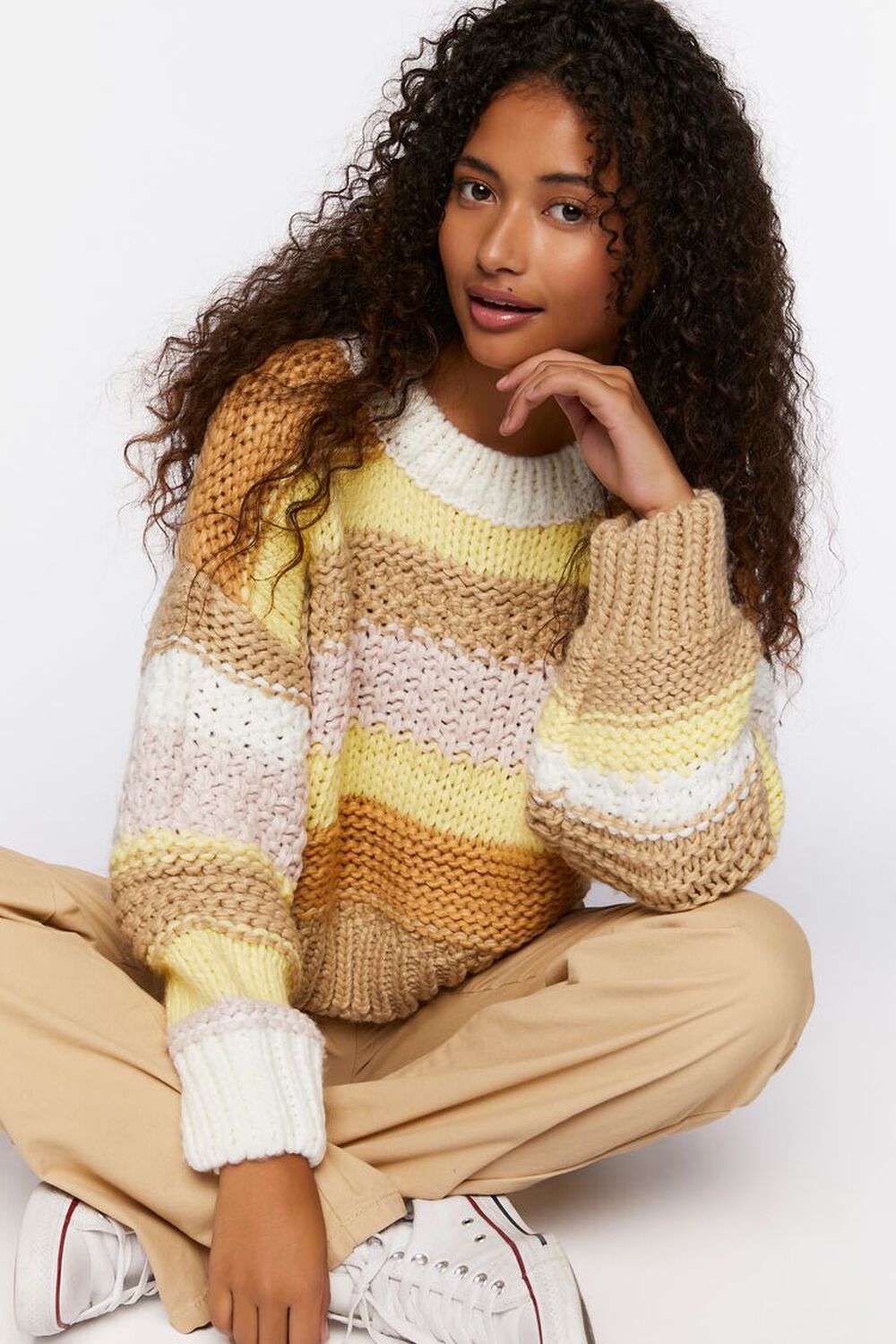 CREAM/MULTI Striped Purl Knit Sweater , image 1
