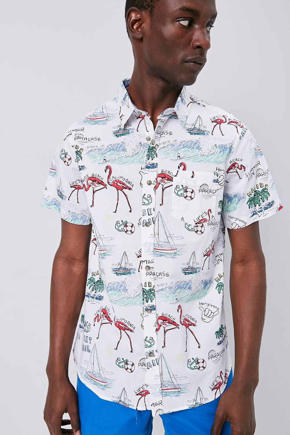 WHITE/MULTI Tropical Seaside Print Fitted Shirt, image 1