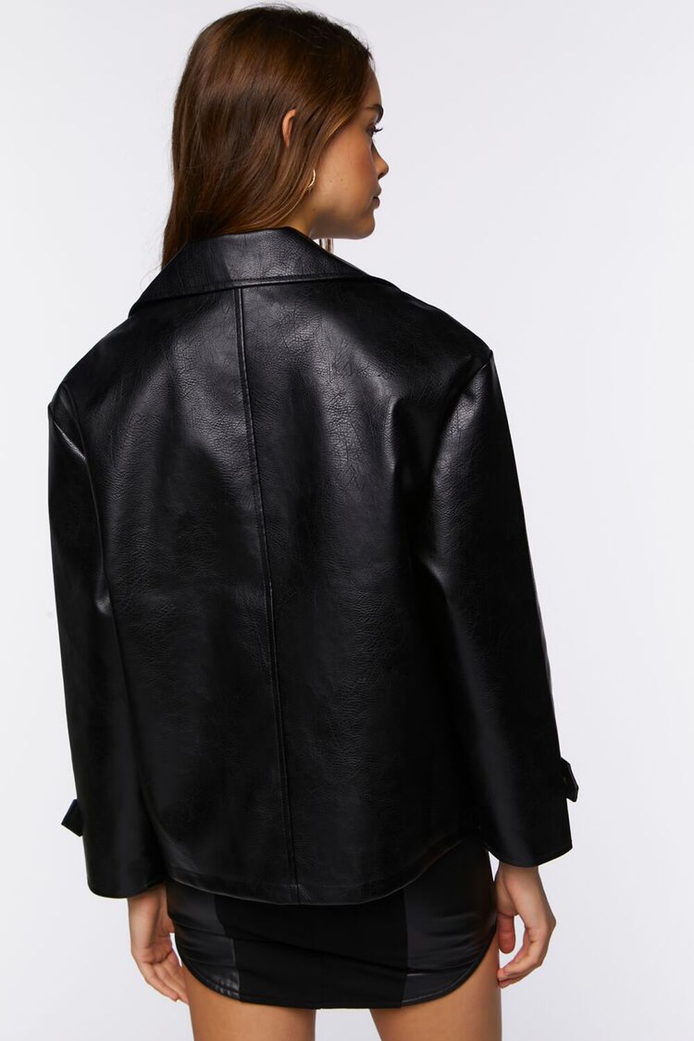 BLACK Faux Leather Double-Breasted Jacket, image 3