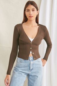 BROWN Ribbed Knit Cardigan Sweater, image 1