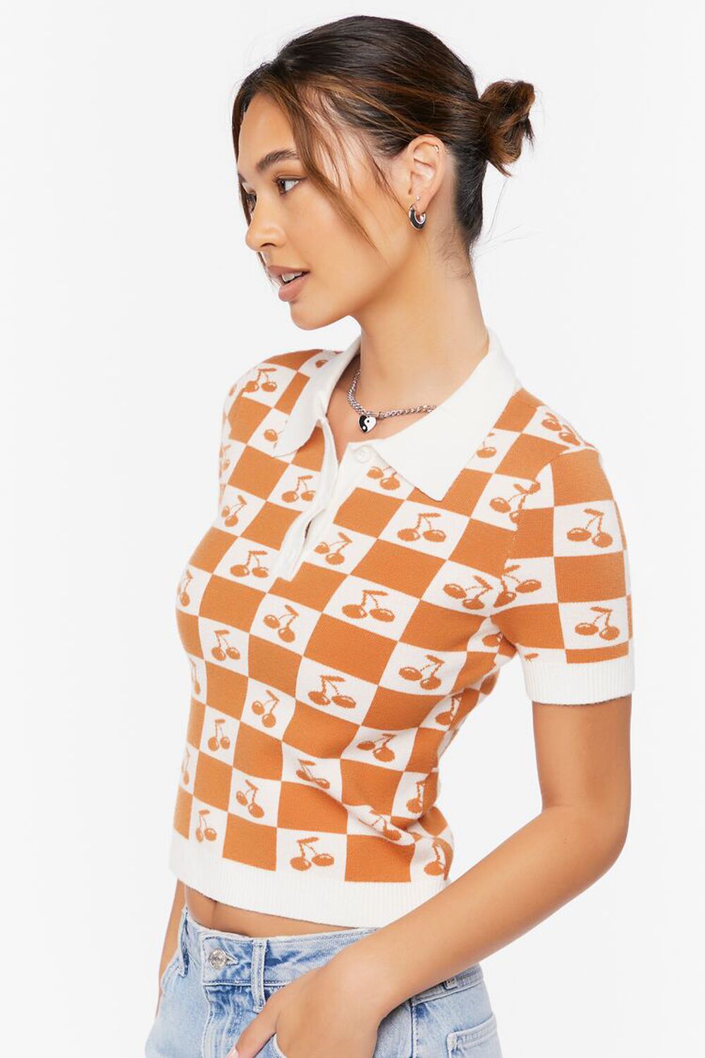 APRICOT/CREAM Cherry Checkered Sweater-Knit Top, image 2