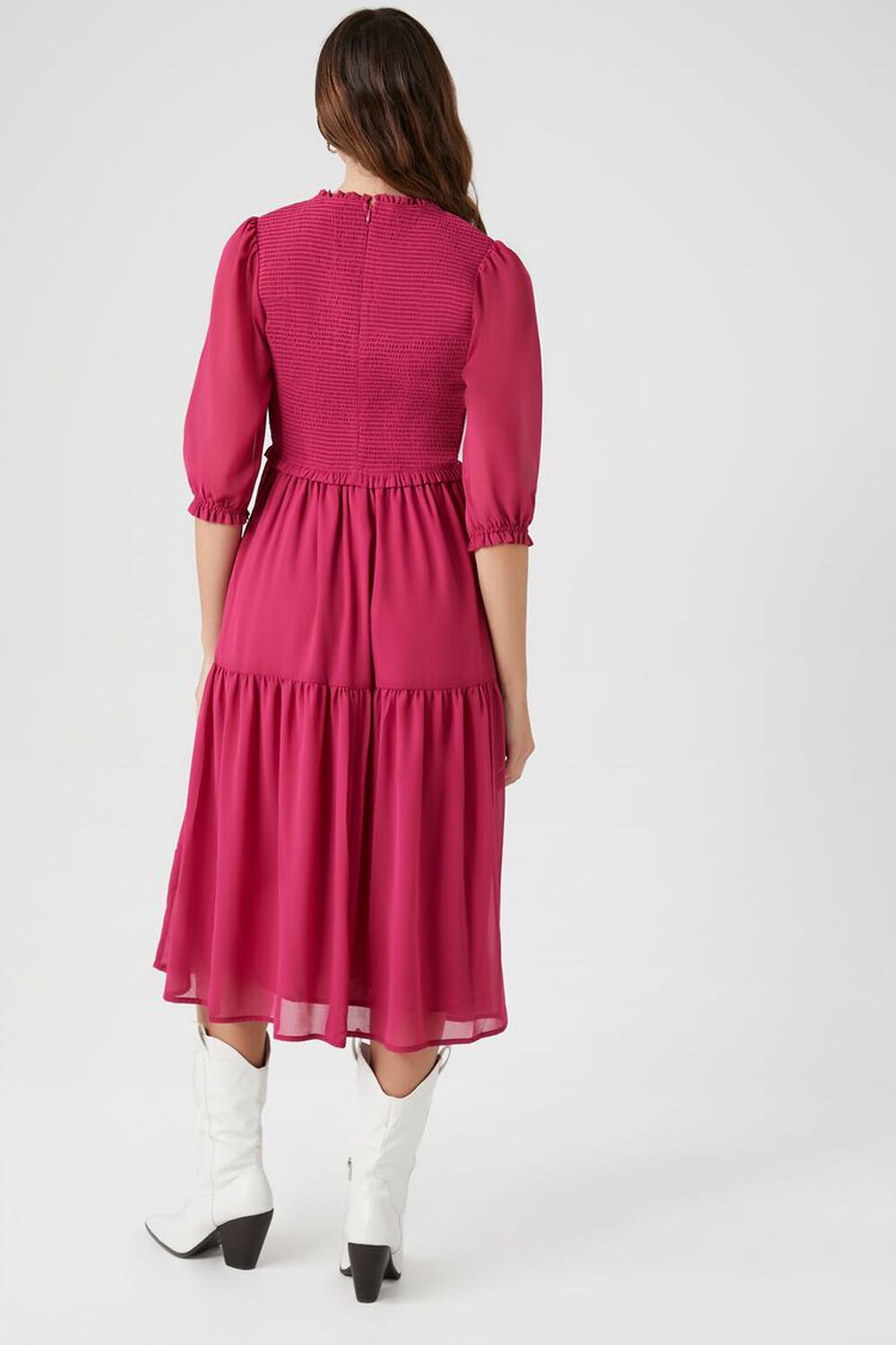 FUCHSIA Smocked Chiffon Peasant-Sleeve Dress, image 3
