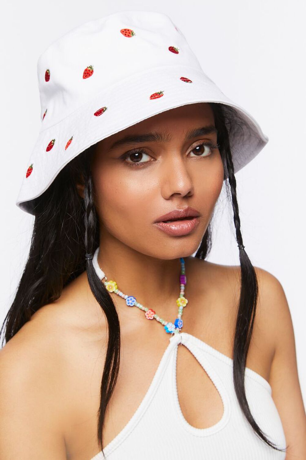 WHITE/MULTI Embroidered Strawberry Bucket Hat, image 1