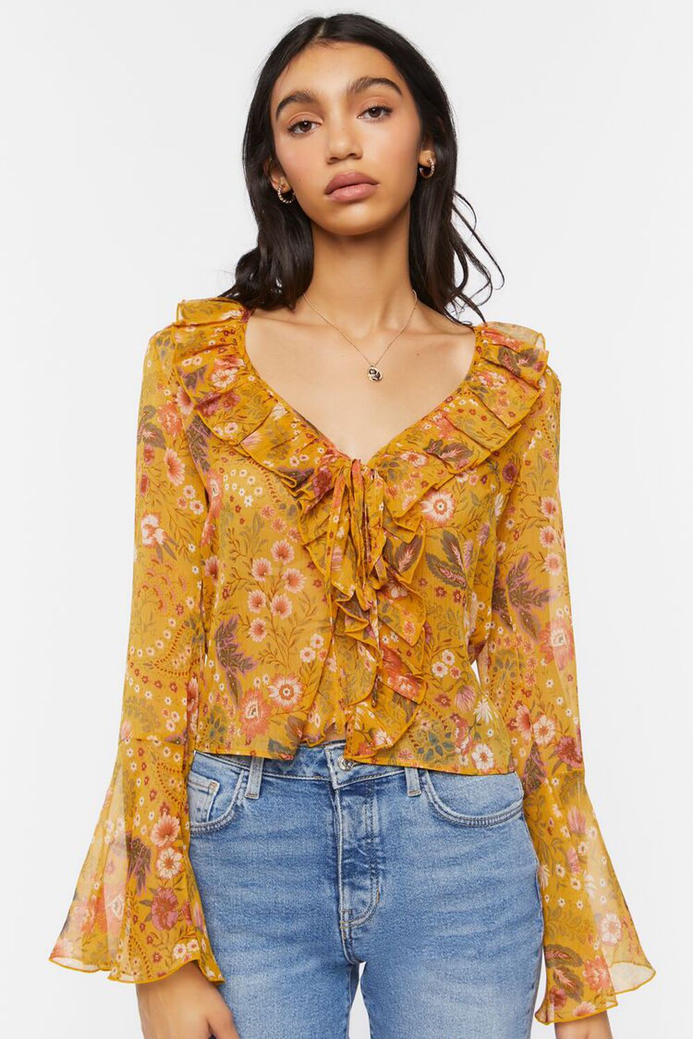 GOLD/MULTI Floral Print Ruffled Flounce Top, image 1