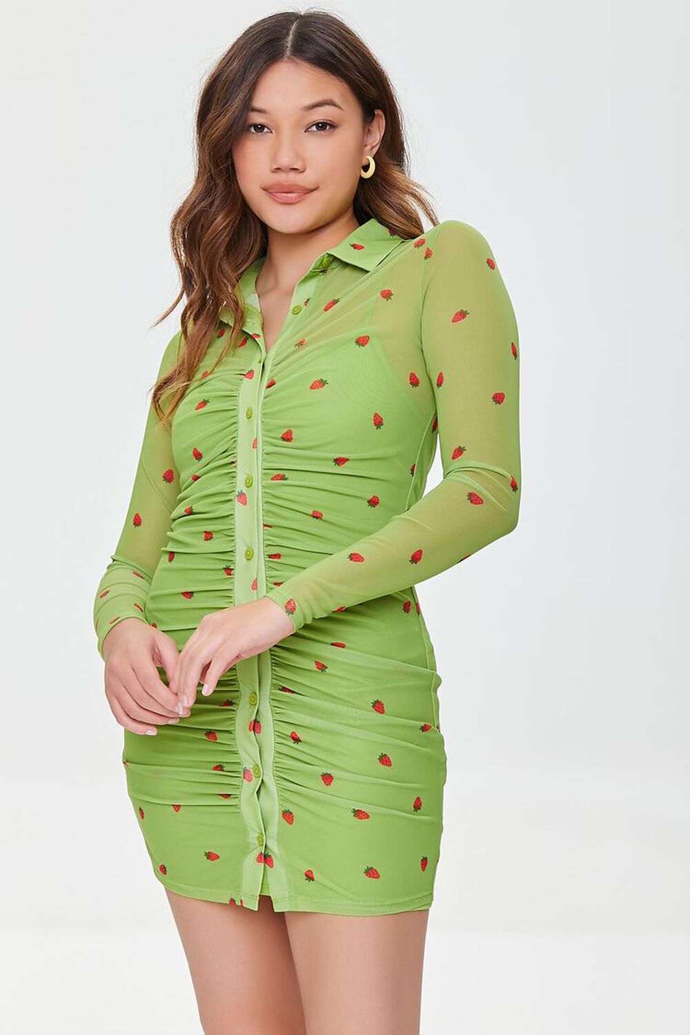 GREEN/MULTI Mesh Strawberry Print Mini Dress, image 1