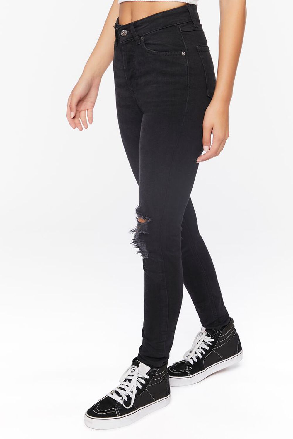 WASHED BLACK Recycled Cotton High-Rise Distressed Jeans, image 3